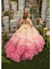 Beaded Ivory Lace Pink Tulle Ruffle Flower Girl Dress